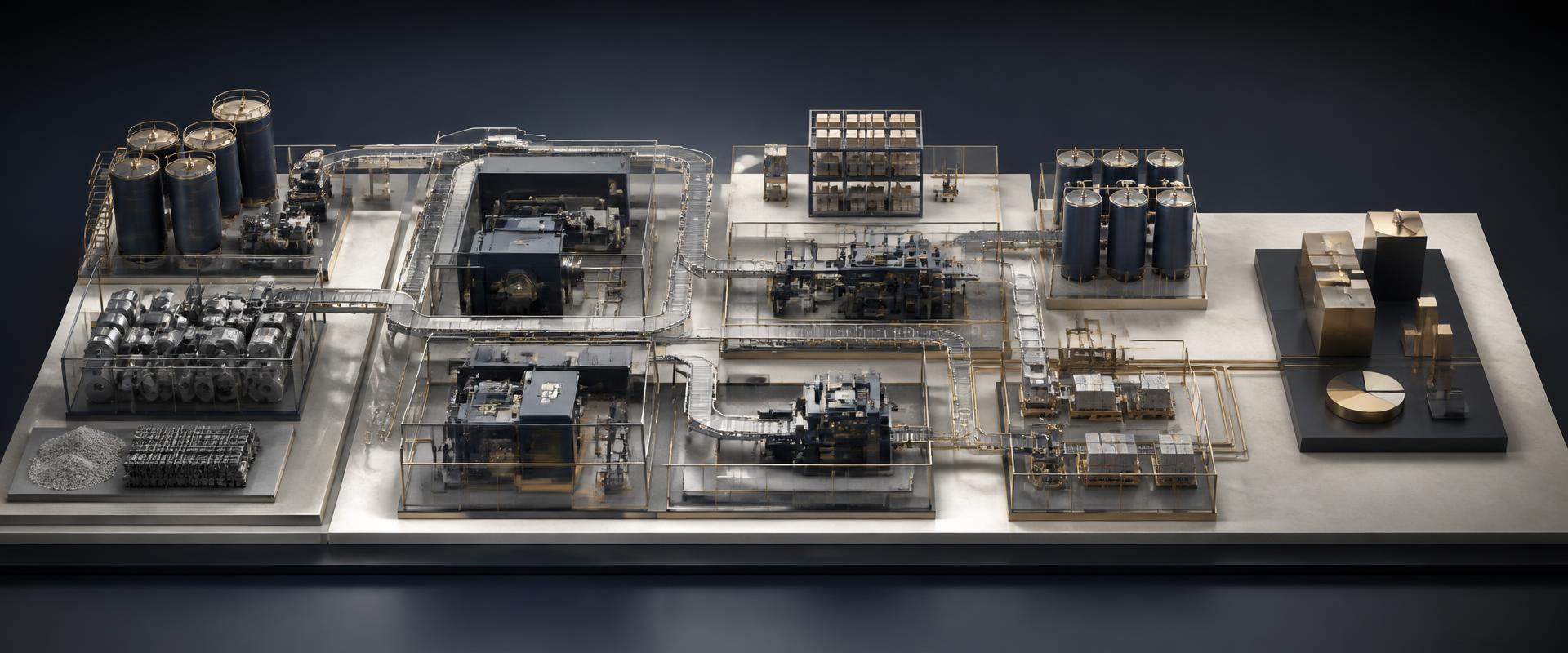 Interconnected production assets, material flows, storage capacity, and financial controls across an asset-intensive manufacturing operation