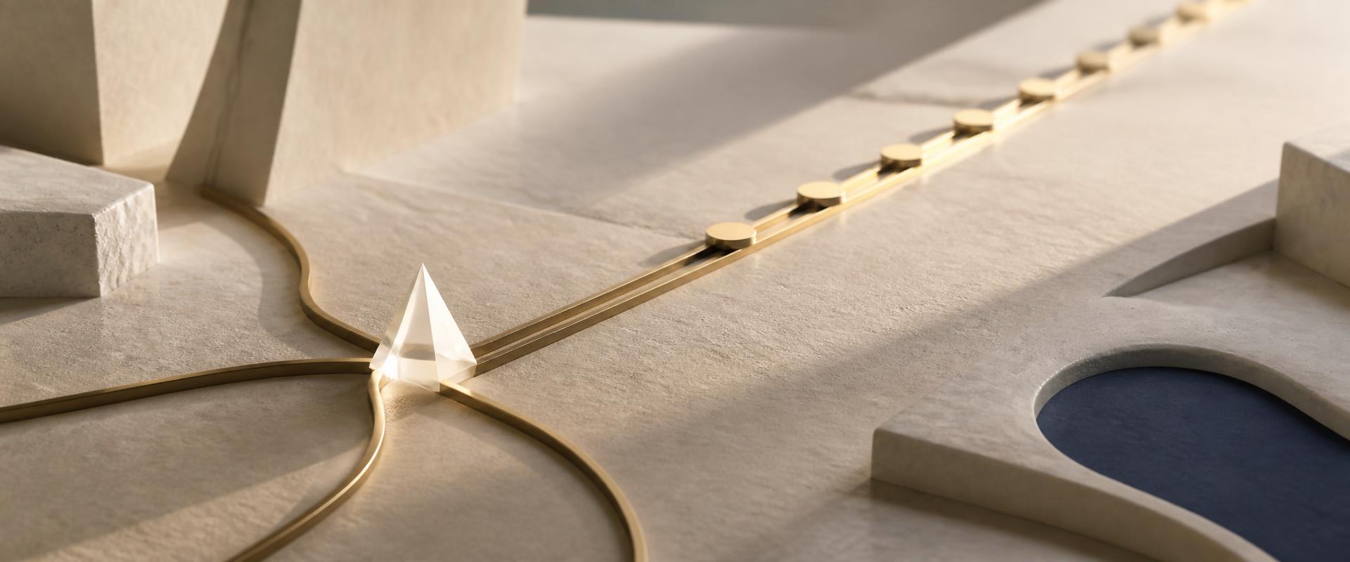 Abstract composition: one choice selected from three options, then a sequenced path forward