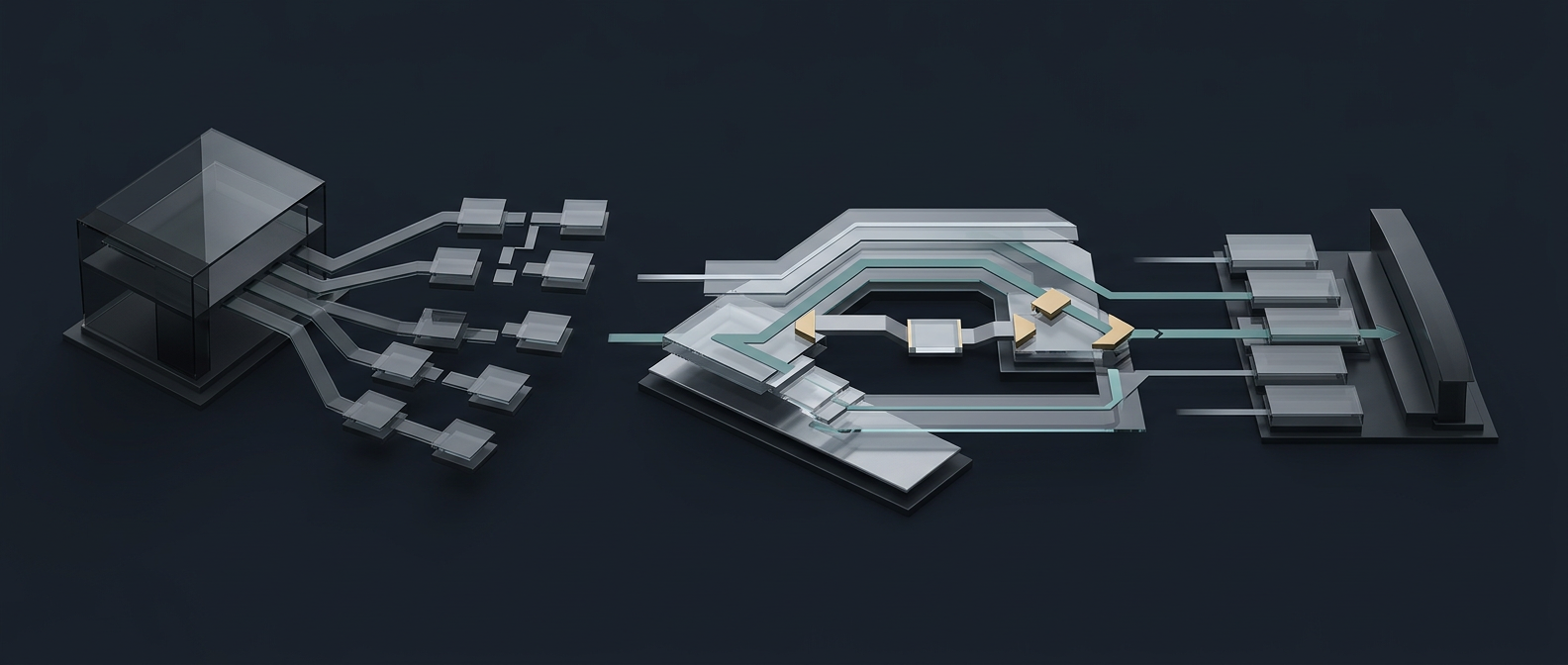 Architectural pathways moving from fragmented initiatives through governed sequencing into coordinated execution