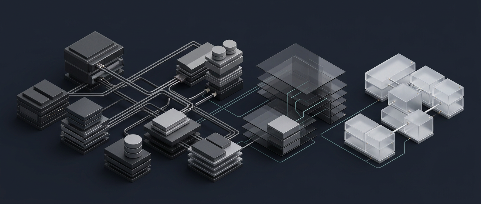 Layered systems estate progressing from complex dependencies toward a modular target state